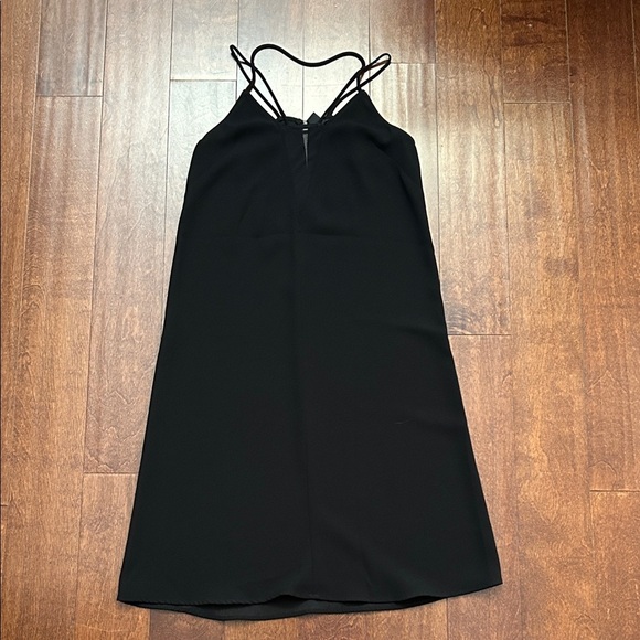 H&M Modern LBD Black Midi Dress with Black Sheer Mesh Panel is Front, Size 4 - Picture 1 of 10